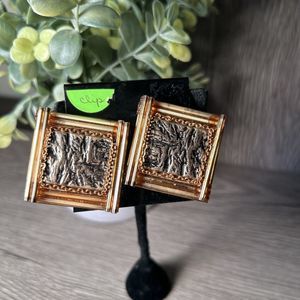 Goldtone/Silvertone Clip Artisian Style Square 1.5" Earring